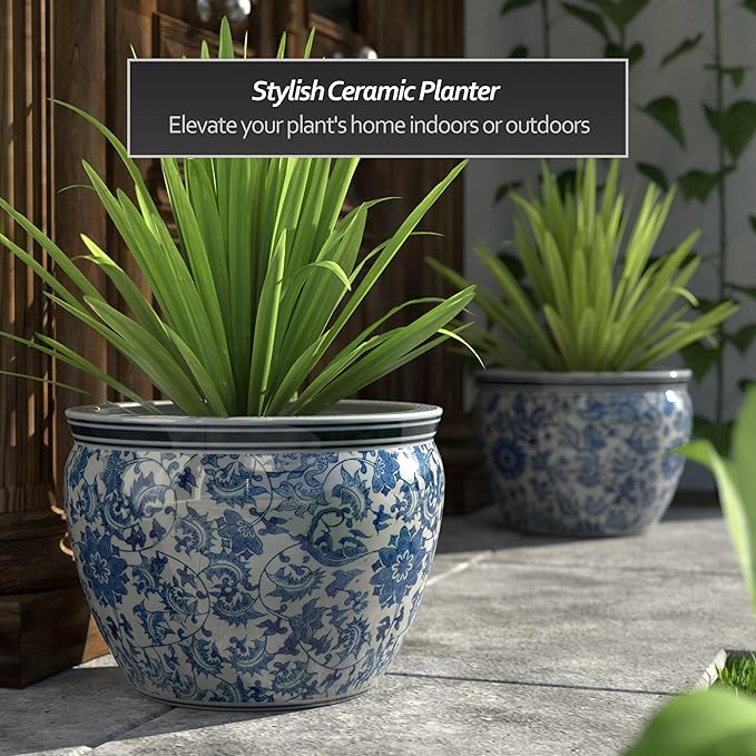 Red Lantern Large 18" Porcelain Fishbowl Blue & White Floral Planter or Cachepot for Indoor/Outdoor Use in Garden Entryway Living Room Boho Eclectic Modern Contemporary Classic Traditional Style Decor