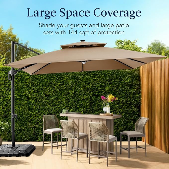 Best Choice Products 12x12ft LED Cantilever Patio Umbrella w/Base Included & 360° Rotation, Large Solar Offset Hanging Outdoor Sun Shade for Deck, Backyard Table w/Stand & Lights – Tan