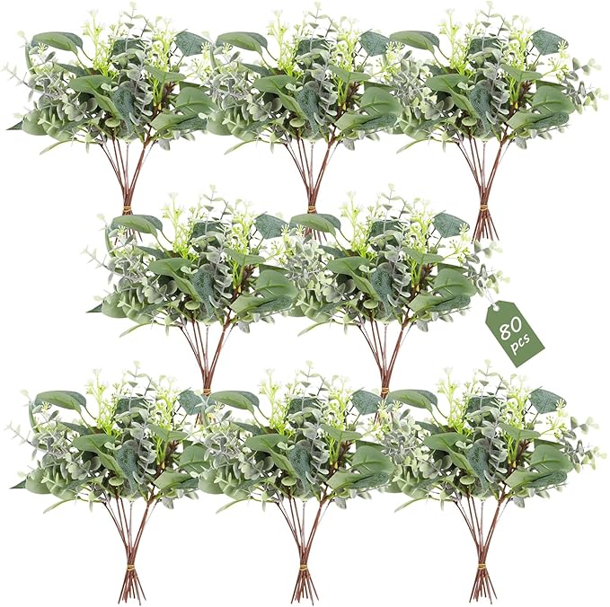 Artificial Eucalyptus Greenery Stems, 80 Pcs Green Mixed Leaves