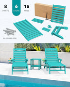 SERWALL Patio Chaise Lounge Chair, 78'' Long HDPE 5 Positions Adjustable Outdoor Lounger, Poly Lounge Chair with Rolling Wheels & Cup Holder for Pool, Aqua Blue