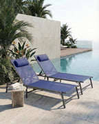 2 Pack Foldable Chaise Lounge Chair with Cup Holder, Assemble-Free Outdoor Lounge Chair with Detachable Pillow and 6 Adjustable Backrest, Patio Lounge Chair for Outside Poolside Beach Pool, Blue