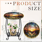 Outdoor Side Table Round Small Mosaic Patio Accent Indoor End Plant Coffee Tea Table for Yard Patio Porch Garden Living Room, Bedroom(Sunset and Flowers,14 Inch)