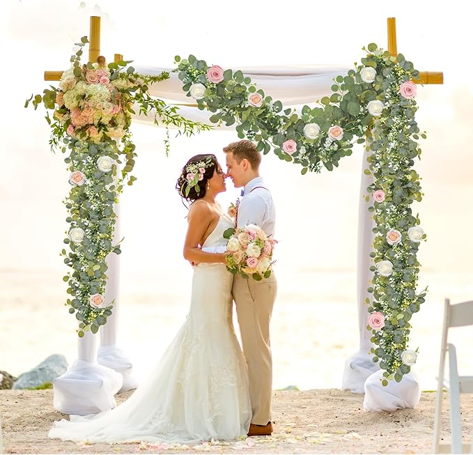 Artificial Eucalyptus Garland with White Blooms, 2 Pieces, 6 Ft Long