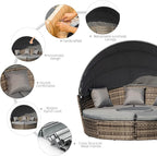Outsunny 4-Piece Round Convertible Daybed with Cushions, Outdoor PE Rattan Patio Wicker Sofa Set, Sunbed with Adjustable Sun Canopy, Sectional Sofa, 2 Chairs, Table, 3 Pillows, Gray