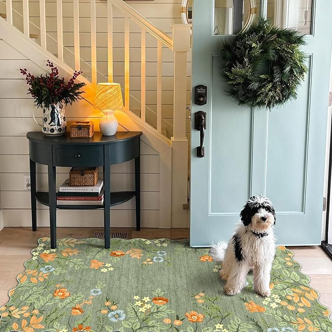 Outdoor Rug 3x5 Ft Sage Green Floral Washable Mat with Non-Slip Backing