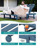 SERWALL Outdoor Chaise Lounge Set of 2, All-Weather HDPE Pool Lounge Chairs with 5-Position Adjustable Reclining Backrest, Rolling Wheels & Cup Holder for Poolside, Blue
