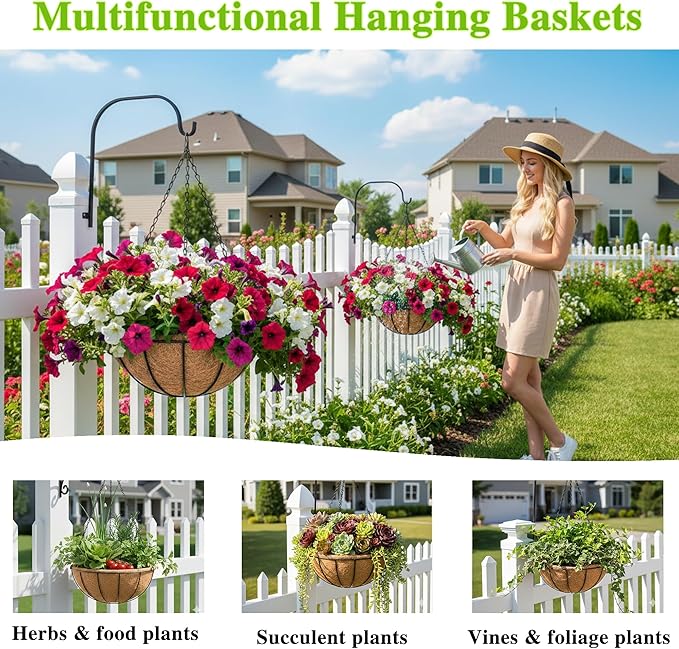 Metal Hanging Planters Basket Set of 3 Hanging Flower Pots 12 Inch Chain Round Wire Plant Holder with Coco Coir Liner Garden Watering Hanging Baskets for Patio Garden Outdoor1