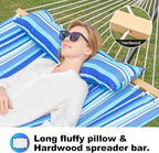 Double Quilted Fabric Tree Hammock with Spreader Bar, 12ft Hammocks 2 Person for Outside, Fits 11ft -13ft Hammock Stand, Large Pillow, Side Pocket & Carabiner, Max 475 lbs Capacity (Ocean Blue)