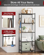 Storage Shelves - 5-Tier Large Capacity Shelf Organizer with Hooks, Heavy-Duty Garage Shelving with Leveling Feet, Wobble-Free Rack for Bedroom, Balcony, Garage, 18.1"×12.4"×56.8", Black