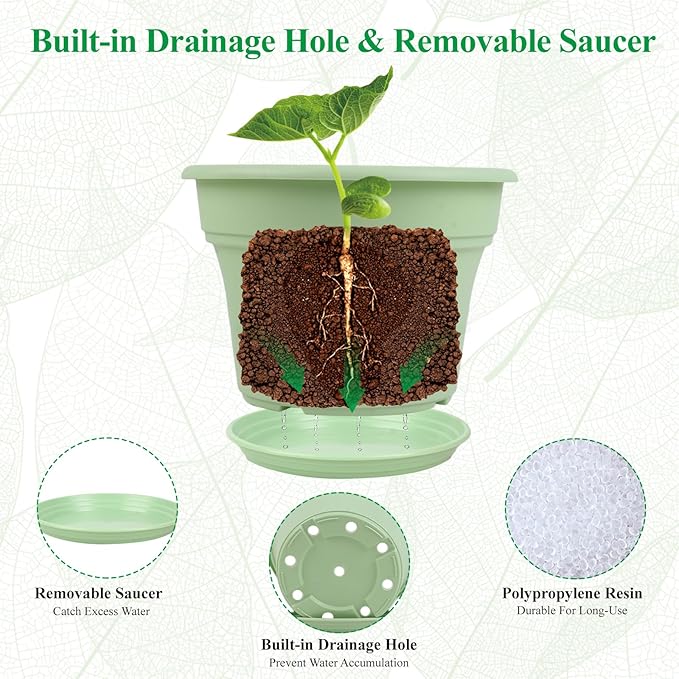 6 Inch Plastic-Flower Pot-for-Indoor Plants, 6 Pack Outdoor Plant Pots with Drainage Holes & Saucers, Resin Garden Pots Planters