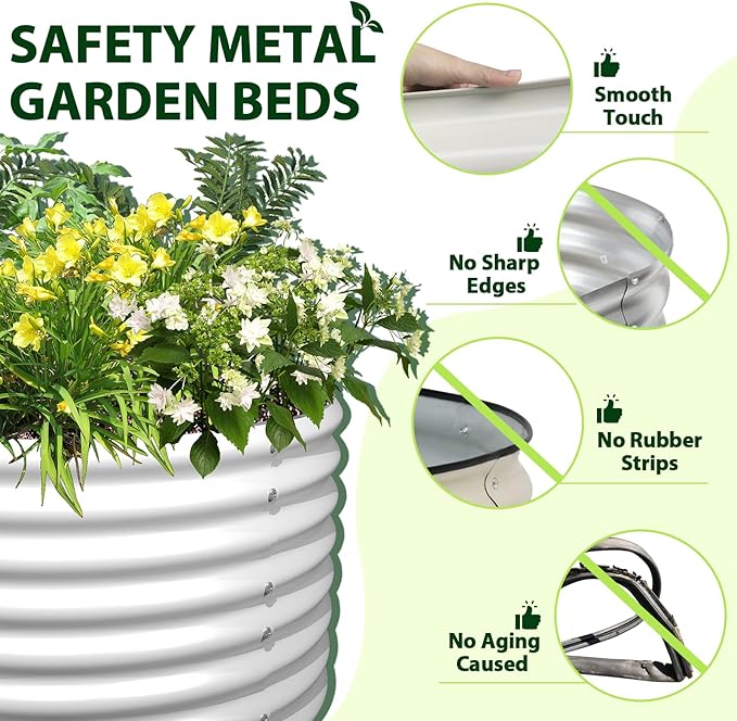 A ANLEOLIFE 7-Set 8X4X2 ft Galvanized Raised Garden Bed Kit, Oval Metal Deep Root Planters for Outdoor Plants, Antique White
