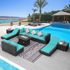 NICESOUL 11 Piece Patio Furniture Set with Fire Pit Table Natural Gas/Propane, 29.3'' High Back Large Outdoor Patio Sectional with Fire Pit & Chaise Lounge, Wicker Deep Seating, Turquoise & Grey