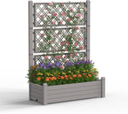 Raised Garden Bed with Trellis for Climbing Plants, 43.43" L x 18.27" W x 59.29" H Self Watering Planter Box with Drainage Holes for Outdoor Backyard Patio Balcony, Anti-Rust Resin (Grey)