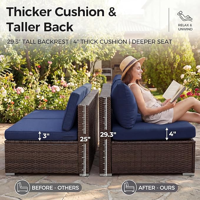 NICESOUL 7 Piece Large Size Patio Sectional Furniture Set with Firepit Propane/Natural Gas, 29.3'' High Back Outdoor Sofa Conversation Couch, Tall Wide Deep Sitting, Brown Rattan and Navy Cushion