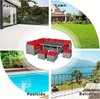 Tangkula 7 Pieces Patio Furniture Set, Outdoor Sectional Rattan Sofa Set with Cushions, All Weather Wicker Conversation Couch Set w/Dining Table & Ottomans for Backyard Garden Poolside