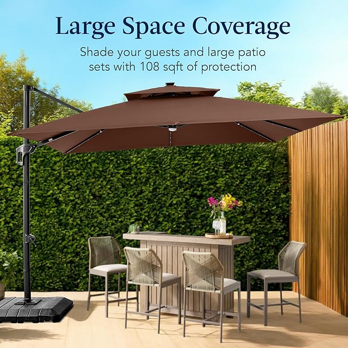 Best Choice Products 9x12ft LED Cantilever Patio Umbrella w/Base Included & 360° Rotation, Large Solar Offset Hanging Outdoor Sun Shade for Deck, Backyard Table w/Stand & Lights – Brown