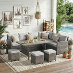 Wisteria Lane 7 Piece Patio Furniture Set, High Curved Back Wicker Patio Sectional, All Weather Outdoor Dining Set, Outdoor Furniture Patio Conversation Set with Ottoman, Grey