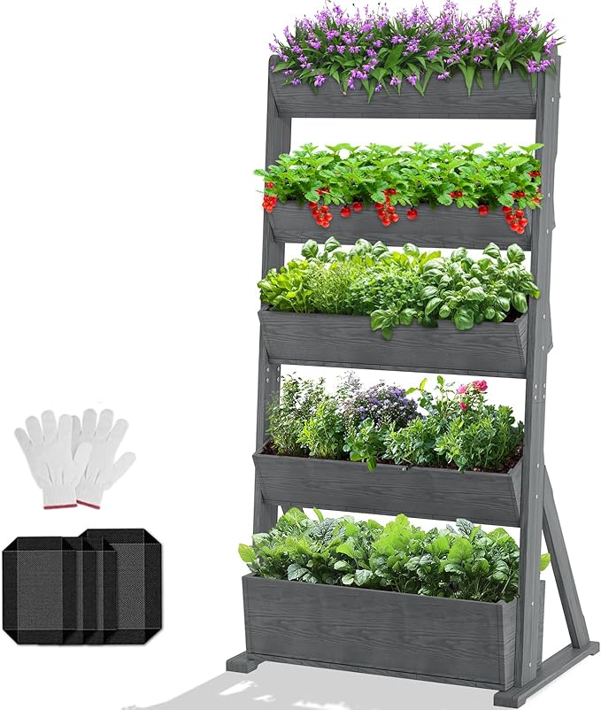 DoCred Vertical Wooden Raised Garden Bed, 5 Tier Garden Planters Freestanding Wood Plant Stand Flower Rack Wooden Planter Box for Plants Herbs Flowers Vegetables Outdoor Indoor Gardening