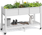 YITAHOME Raised Garden Bed HDPE, 47x18x31In Raised Flower Bed Poly-Wood Weather-Resistant Elevated Planter Box with Lockable Wheels & Storage Shelf for Vegetable Flower, White
