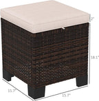 Outsunny 2 Pieces Outdoor Patio Ottomans, All Weather Wicker Outdoor Footstools with Removable Cushions, 3-in-1 PE Rattan Ottoman Seat, Footrest and Side Table for Backyard, Poolside, Cream White