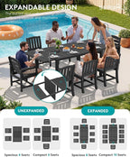 SERWALL 7-Piece Outdoor Dining Set, 60" - 83" Expandable Outdoor Dining Table and 6 HDPE Chairs, All Weather HDPE Outdoor Furniture Set for Backyard, Garden, Black