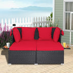 ORALNER Outdoor Daybed, 2-Person Wicker Patio Sofa with Retractable Canopy, Cushions & Pillows, 2 Side Trays, PE Rattan Double Sunbed Lounger for Deck Poolside Backyard Garden Balcony (Red)