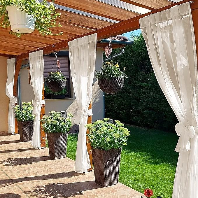 SpaceDresser Waterproof Outdoor Sheer Curtains for Patio - 4 Panels Rod Pocket Indoor Voile Sheer Curtain for Living Room,52W x 96L inch, Ivory