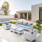 Belord Wicker Patio Furniture 5 Piece Outdoor Sofa Set, Oversize Outdoor Swivel Rocker Chairs with Rattan Ottomans, Conversation Sets Patio Furniture Come with Removable Cushion Baby Blue, Light Grey