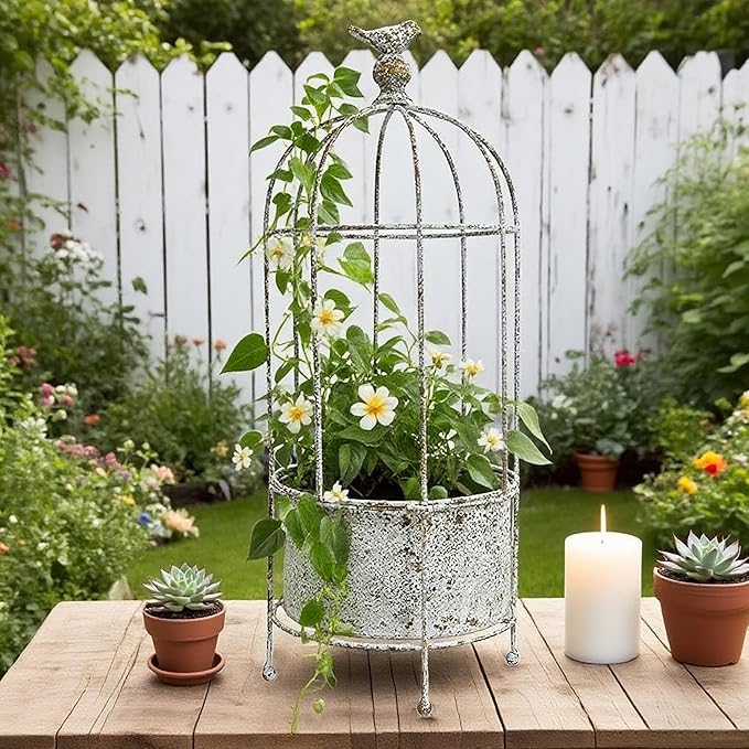 Planter: White Metal Birdcage Design, Rustic Style, 21.7 Inches Tall
