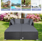 RELAX4LIFE Rattan Patio Outdoor Daybed, Wicker 2-Person Sunbed Loveseat with Soft Cushions, 4 Pillows, Curved Backrest & Armrest, Double Bed Lounger Sofa Set for Balcony Porch, Patio Bed (Grey)