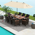 Tangkula 11 Piece Rattan Outdoor Dining Set with 15Ft Patio Umbrella for 8, Outdoor Wicker Table Set with 8 Cushioned Armchairs, Acacia Wood Top, Outdoor Umbrella with Base Included