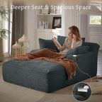 66" Chaise Lounge Chair Indoor, Oversized Boneless Couch Comfy Upholstered Sleeper Sofa Bed with 3 Pillows, Corduroy Cloud Reading Chair for Living Room No Assembly Required, Dark Grey