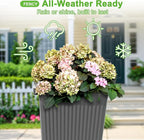 FENCY Set of 2 Tall Planters for Outdoor Plants, 24 Inch Large Tapered Pots with Drainage Trays, Weather-Resistant Plastic Plant Containers for Patio, Porch, Garden, Front Door Decor,Gray,Striped