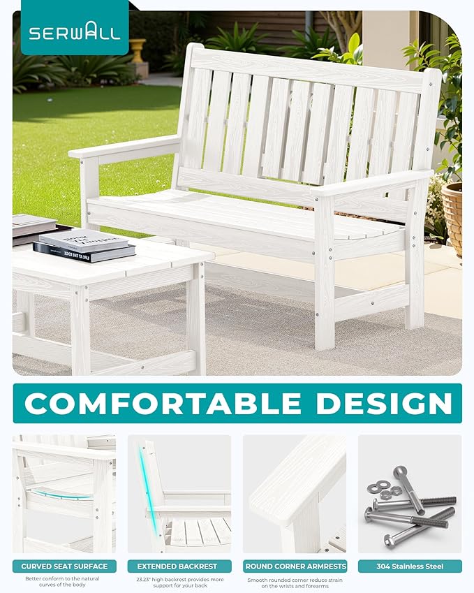 SERWALL Outdoor Bench with Cup Holder, 58" HDPE Garden Park Bench Suitable for 3 Person, All Weather Patio Benches with High Backrest and Wide Armrests for Garden, Park, Yard, Front Porch, White
