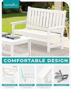 SERWALL Outdoor Bench with Cup Holder, 58" HDPE Garden Park Bench Suitable for 3 Person, All Weather Patio Benches with High Backrest and Wide Armrests for Garden, Park, Yard, Front Porch, White