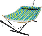 SUPERJARE Curved-Bar Hammock with Stand, 2 Person Heavy Duty Hammock Frame, Detachable Pillow & Portable Carrying Bag, Perfect for Outdoor & Indoor, Thin Blue and Green Stripes
