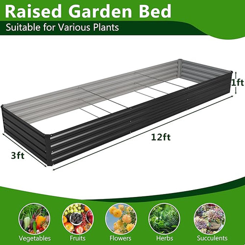 2PCS 12x3x1ft Galvanized Raised Garden Bed Kit,Metal Planter Box for Vegetables,Flowers,Herbs Durable Rust-Resistant Patio Gardening Beds,Black