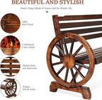 VINGLI Rustic Wooden Wheel Bench Outdoor Bench, Patio Bench Wagon Slatted Seat, Garden Benches for Outdoors 350lbs High Capacity, Weather Resistance (Rustic, 55in)