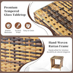 VINGLI Outdoor Wicker Side Table Patio Side Tables for Outside, Tempered Glass Top Wicker Table with Storage End Table for Balcony Porch Deck (Natural)