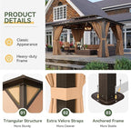 Aoxun 10'x14' Hardtop Gazebo, Aluminum Frame Permanent Pavilion with Curtains and Netting, Outdoor Polycarbonate Double Roof Canopy, for Patio, Garden, Lawn, Brown