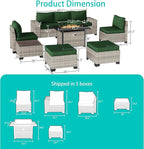 9-Piece Outdoor Patio Furniture Set with 55,000 BTU Fire Pit Table, PE Wicker Rattan Sectional Sofa Patio Conversation Set with Ottomans & Coffee Table, Green