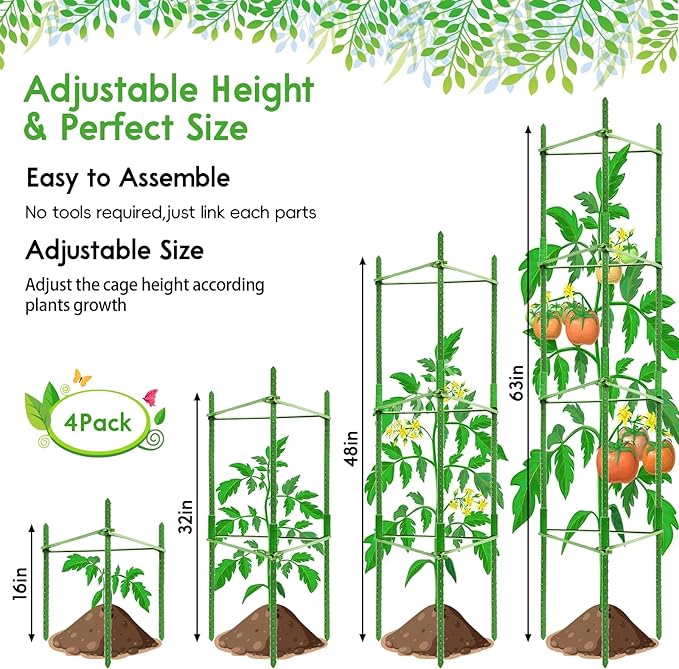 Riare 4 Pack 5.2 FT Tomato Cages for Garden- 63inches Heavy Duty Tomato Stakes and Supports, Adjustable Tall Tomato Plant Support Trellis for Pots, Raised Garden Bed, Climbing Vegetables Plants