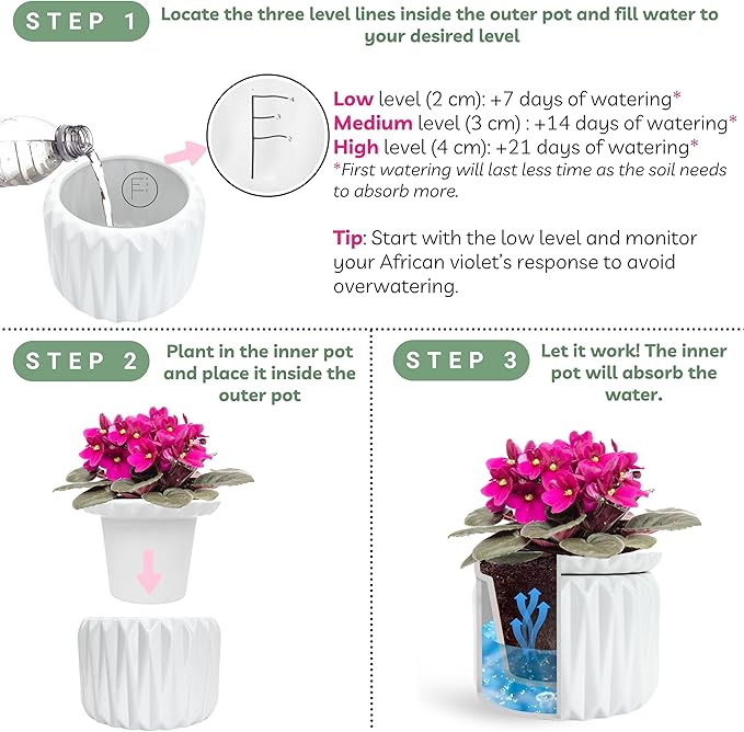 6 Inch African Violet Pots Self Watering, Ceramic Planter with Water Reservoir and Fill Lines, 4 Inch Opening, Indoor Flower Pot, Holds 3 Weeks of Water (1 Pack)
