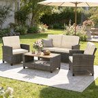 Wisteria Lane 4 Piece Patio Furniture Set, Wicker Outdoor Patio Conversation Furniture Set, All Weather Outdoor Patio Sofa with Cushion and Wood Table, Beige Wood