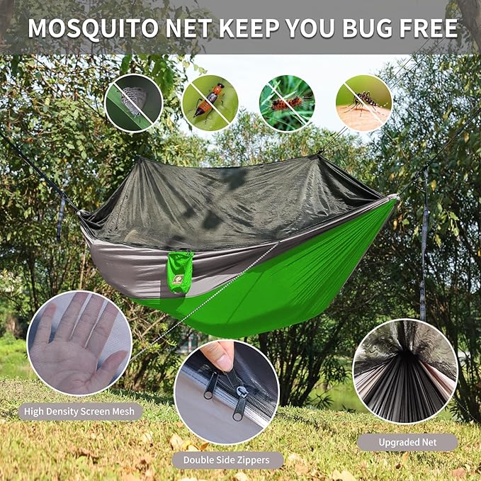 Camping Hammock with Net,Travel Portable Lightweight Hammocks with Tree Straps and Solid D-Shape Carabiners,Parachute Nylon Hammock for Outsides Backpacking Beach Backyard Patio Hiking