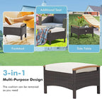 Tangkula 2 Piece Patio Rattan Ottomans, Outdoor Wicker Footstool w/Acacia Wood Handles, Soft Zippered Cushions, 3-in-1 Function Footstool Seat & Side Table for Backyard, Balcony, Poolside (Off White)