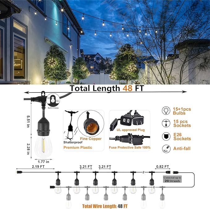 String Lights, 48 FT Waterproof Edison LED Bulbs, Warm 2200K Dimmable