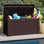 JUMMICO 120 Gallon Resin Deck Box, Large Outdoor Storage Box Waterproof & Lockable for Garden, Patio, Pools (Deep Brown)