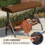 3 in 1 Outdoor Porch Swing with Adjustable Canopy, 3 Seat Outdoor Swing for Adults, Patio Swing Chair with Thickened Cushions,Pillows & Cup Holders for Backyard, Porch, Garden (Brown)