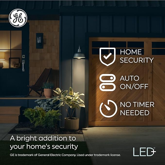 GE LED+ Dusk to Dawn A19 LED Light Bulbs, Automatic On/Off Outdoor Light, Daylight, 8.5W (3 Pack)